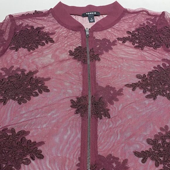 Torrid Mesh Bomber Jacket Red Burgundy Zip-Up Sheer Womens 1X Embroidered Floral - Picture 6 of 10